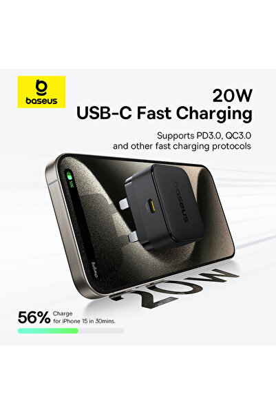 Baseus Palm 20W PD Fast Charging Wall Charger with Type-C to Lightning Cable 1M - UK Plug - Black