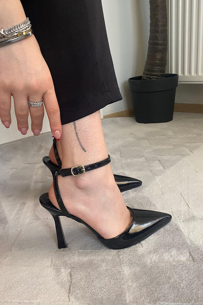 Preshley Women's Persi Black Patent Leather Ankle Strap 10 cm Thin Heeled Shoes
