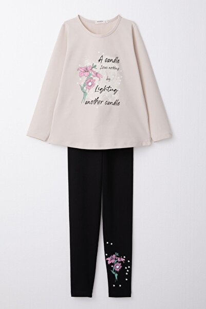 Breeze Beige Tights Set for 6-10 Years Old Girls - Floral Printed, Text