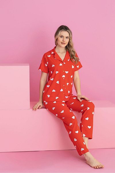 ZambakModa White Heart Buttoned Pajama Set