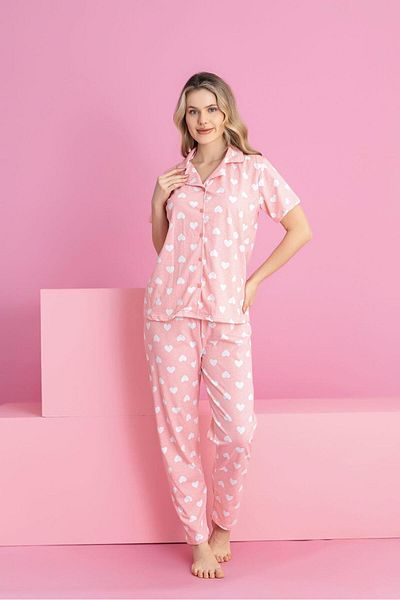 ZambakModa White heart button pink pajama set