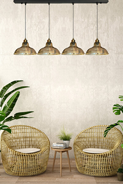 Bamyum Dörtlü Vishi Cam Bal Rengi Avize Yarım Lale Başlık Retro Sarkıt Lamba Restoran Salon Aydınlatma