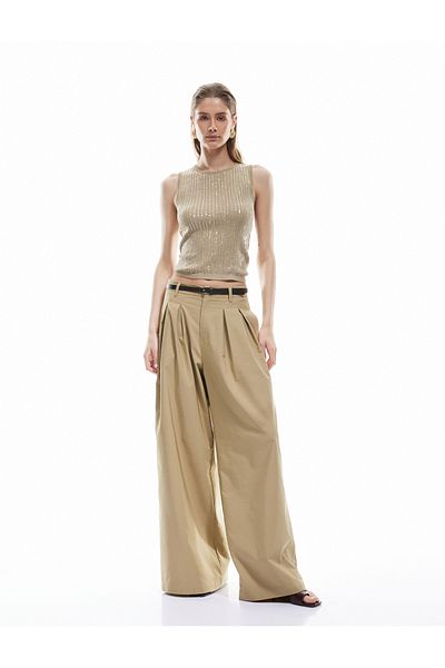 Koton Belted Pleated Detailed Wide Leg Fabric Trousers
