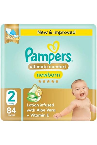 Pampers Ultimate Comfort Taped Diapers, Size 2, 3-8kg, Lotion infused with Aloe Vera and Vit E, 84