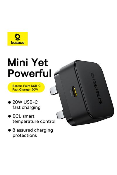 Baseus Palm 20W PD Fast Charging Wall Charger with Type-C to Lightning Cable 1M - UK Plug - Black
