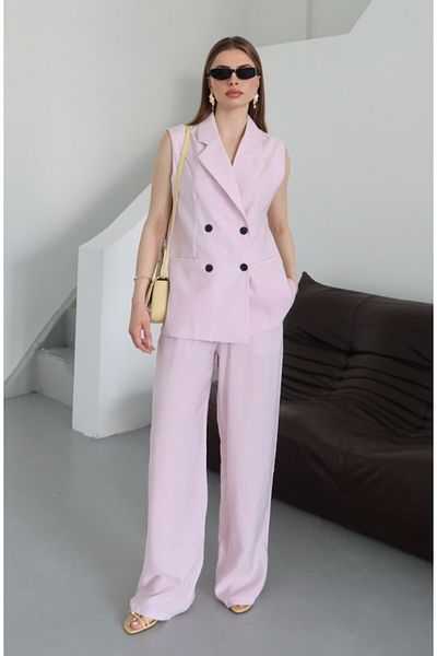 Laluvia Pink Black Buttoned Vest Trousers Suit - 9568