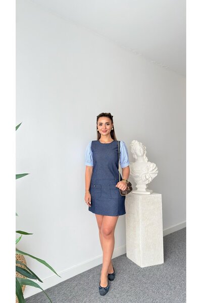 QİMYA BUTİK BEBE PLUS Kadın Çizgili Karpuz Kol Detaylı Mini Kot Elbise