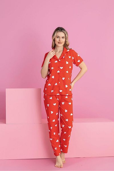 ZambakModa White Heart Buttoned Pajama Set