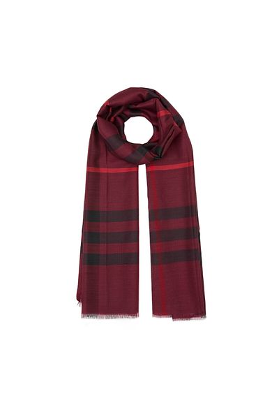 ipekevi Burgundy Plaid Patterned Wool Silk Shawl