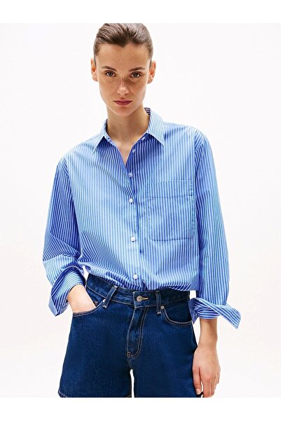 Tommy Hilfiger Kadın Th Oversize Çizgili Gömlek - Mavi