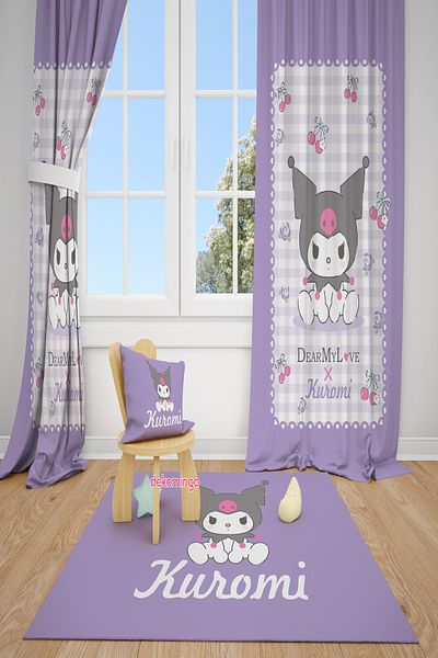 dekomingo Cherry Kuromi Lila Patterned 2 Wing Background Curtain
