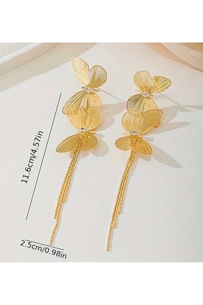 ER TAKI Stoned Gold Colored Long Dangle Stylish Showy Butterfly Engagement Henna Wedding Evening Dress Earrings