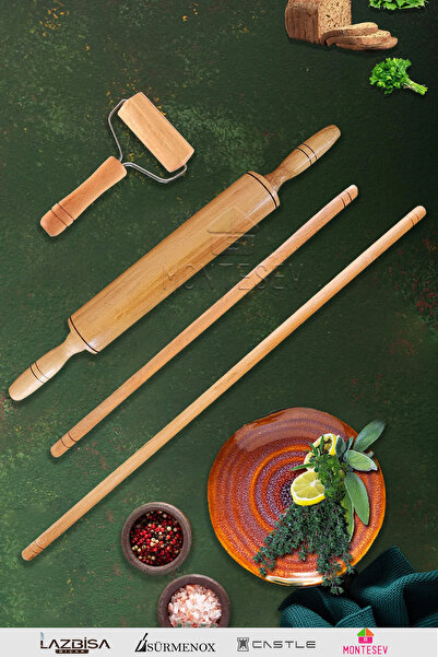 MONTESEV Zümrüt Serisi Dönerli Ahşap Hamur Açma Oklavası Merdanesi Rulosu 4 L...