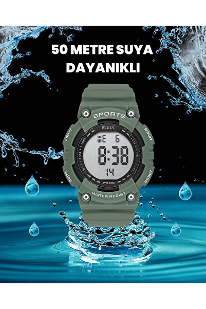 Penly Dijital Kol Saati 349-55 Serisi Yeşil Renk Detaylı Su Geçirmez + Alarmlı Kronometreli Işıklı