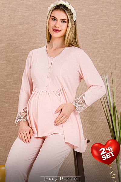 Jenny Daphne Viscose Fabric 2-Piece Lace Maternity Pajama Set 33204