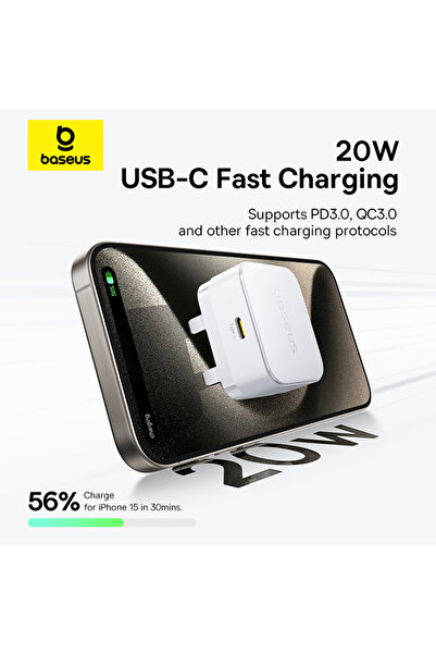 Baseus Palm 20W PD Fast Charging Wall Charger with Type-C to Lightning Cable 1M - UK Plug - White