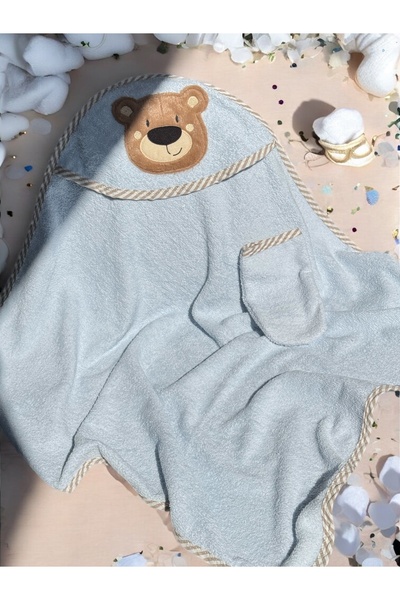 eradkids مجموعة من منشفتين فاخرتين مطرزتين على شكل دب تيدي بير من القطن العضوي بنسبة 100% باللون الأزرق من عمر 0 ​​إلى 3 سنوات