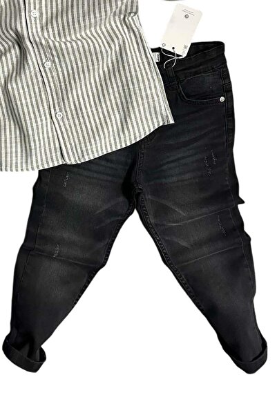 Riccotarz Erkek Çocuk Çizgili Keten Gömlek Siyah Jean Pantolon Alt Üst Takım