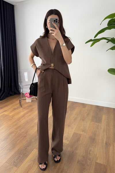 BİRCANÇİL Moona Bitter Brown Gold Buttoned Vest Suit
