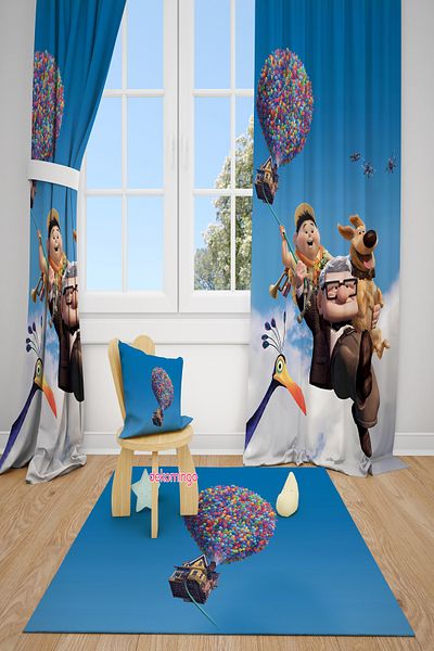 dekomingo Ucan Balloon House Patterned 2 Wings Background Curtain