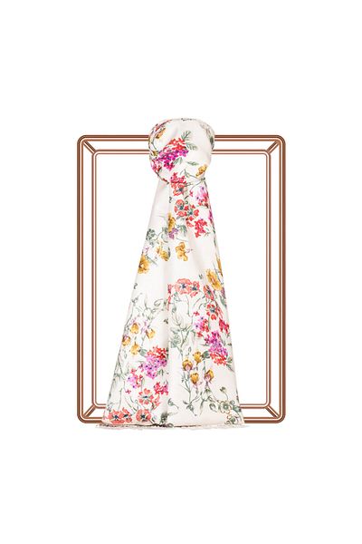 ipekevi Cream Red Flower Crown Patterned Silk Shawl