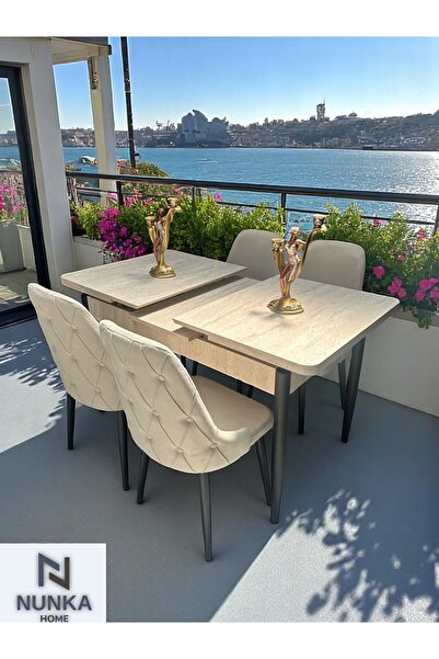 NUNKA HOME Kelebek Traverten Masa Takımı + 4'Lü Krem Baby Face Sandalye Modern Yemek Odası Seti