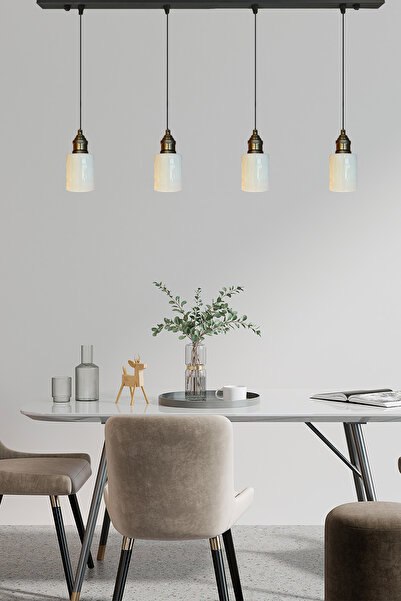 Bamyum Tiny Beyaz Cam Dörtlü Avize Lale Başlık Retro Sarkıt Lamba Restoran Salon Aydınlatma