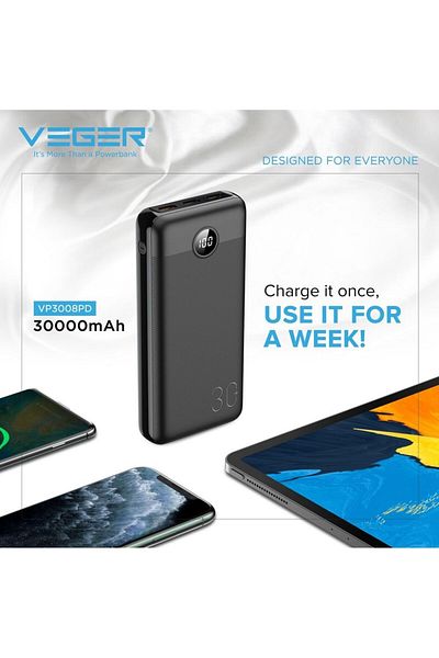 megaMobile Acumulator extern Veger L30, Fast Charge, 30000 mAh, PD20W, Display LED, Black