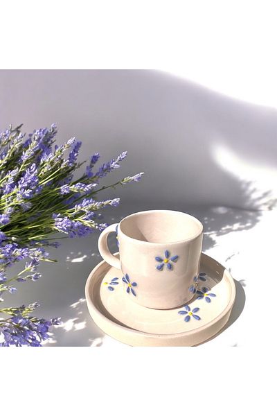 PINKU Ceramics Blossoms Handmade Embossed Floral Turkish Coffee Cup Set – 2 Piece Set (Cup Dish)