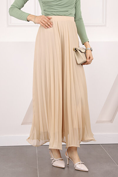İmajButik Beige Elastic Waist Pleated Chiffon Skirt
