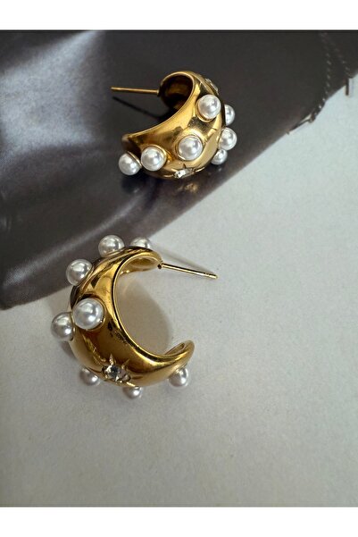 Pinery Jewels Top İncili ve Taşlı Çelik Kararmaz Çelik Kaplama Küpe Çifti