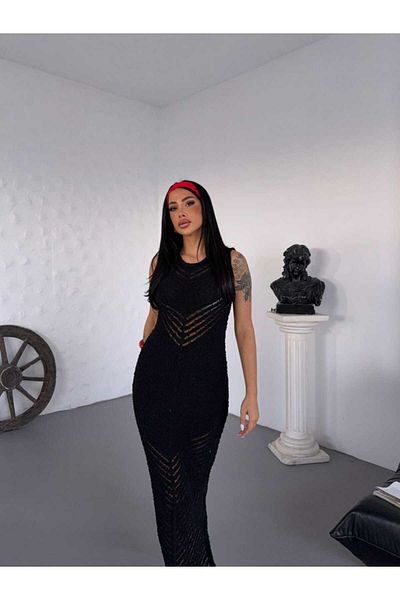 Cistern İstanbul Women's Black Knitted Detailed Slit Summer Knitwear Dress