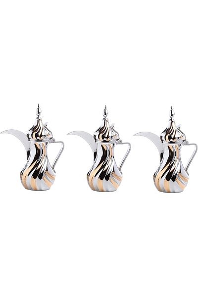 ALSAIF Arabic Coffee Pot Set, Stainless Steel, Al Saif, 3 Pcs, Size: 26/32/48 OZ, Color: Chrome/Gold