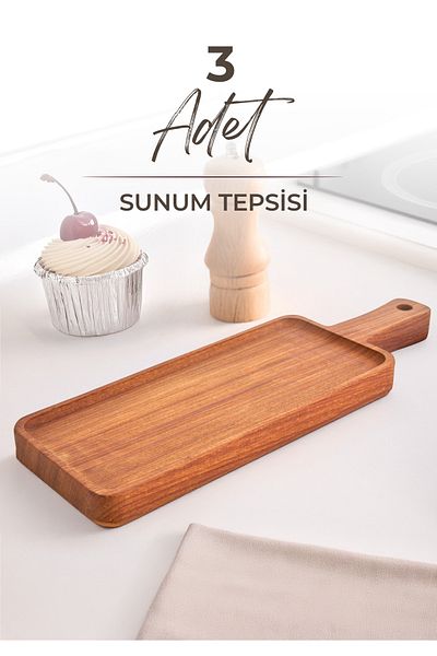 Kitchen Life 3-Piece Ayous Tree Rectangular Serving and Presentation Plate with Handles - Presentation Tray