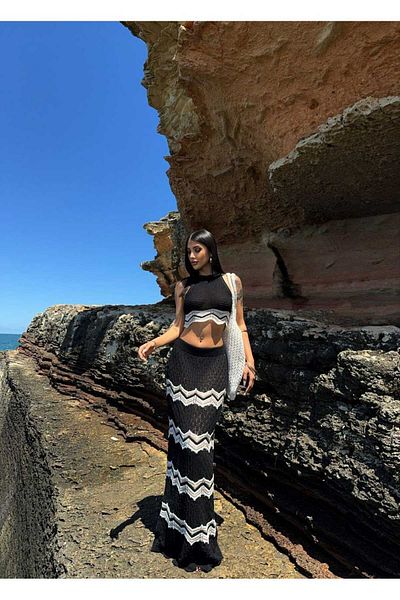 Cistern İstanbul Women's Black Asymmetrical Cut Skirt Lined Summer Knitwear Suit