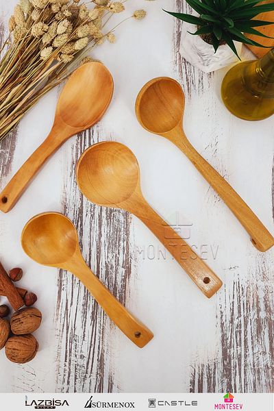 MONTESEV Wooden Wooden Kitchen Spoon Set 4 Pieces Beech, Boxwood and Bamboo Wood Spoons