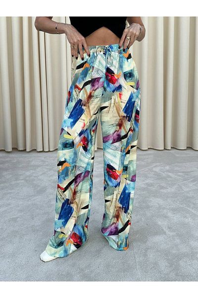 QİMYA BUTİK Bebe Plus Loose Patterned Trousers with Elastic Waist