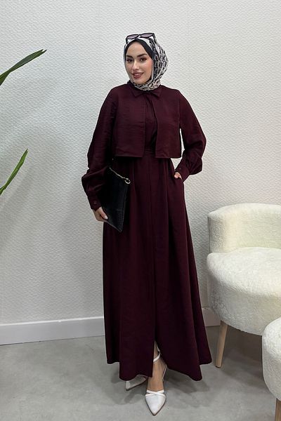 Tesettür Diyarı Burgundy Women's Summer Fabric Dress Hijab