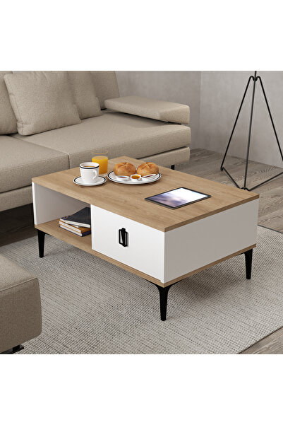 Evmo Home 2002 Sare Orta Sehpa 2 Kapaklı Sepet - Beyaz