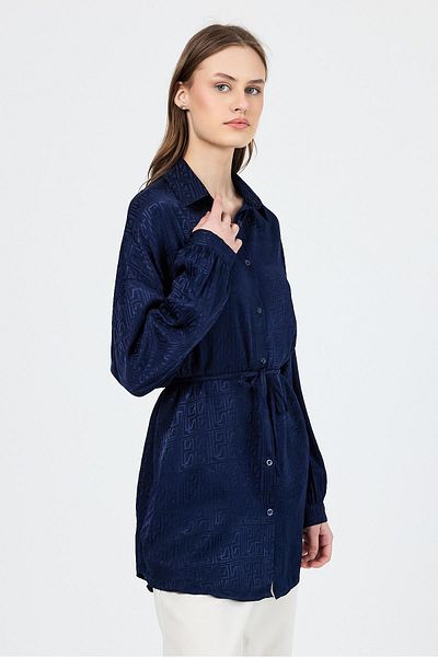 Rays Navy Blue Patterned Satin Look Rope Lacing Detailed Shirt 4293A