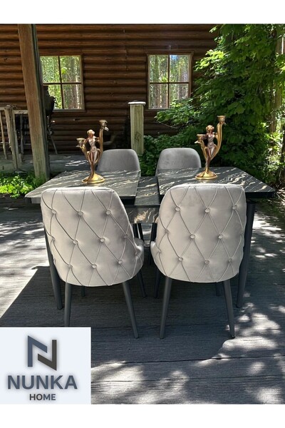 NUNKA HOME Kelebek Lunda Masa Takımı +4'lü Açık Gri Baby Face Sandalye Modern Yemek Odası Seti