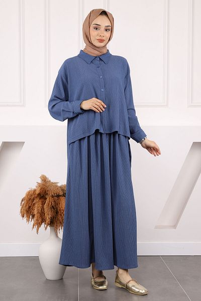 İmajButik مجموعة تنورة قميص طويلة من Indigo من الأمام وقصيرة من الخلف
