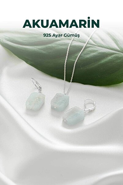 luxtone Sertifikalı Akuamarin Set 925 Ayar Gümüş Kolye Küpe Doğaltaş