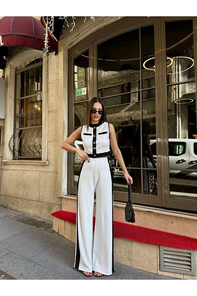 Cistern İstanbul Women's White Ottoman Buttoned Vest Stripe Detailed Trousers Double Set
