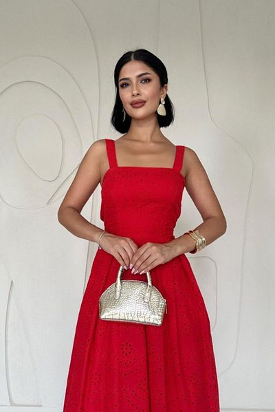Femella Women Fashion Red Strap Embroidery Dress