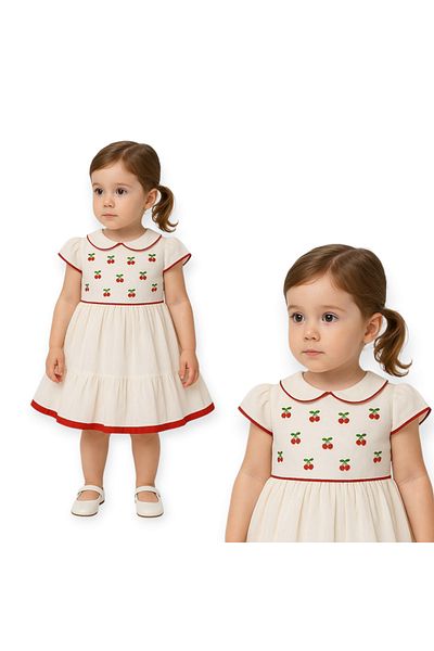 Biberon Çocuk Giyim Sugar Cherry Embroidered Bebe Collar Dress 6/24