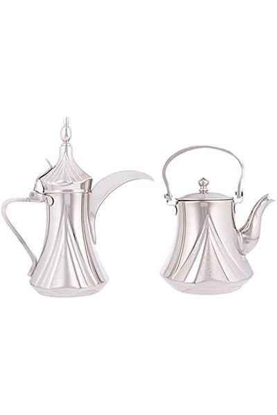 ALSAIF 2-piece coffee pot and jug set from Saif. A coffee pot for preparing and serving Arabic coffee, and a practical jug for heating tea, nickel color.