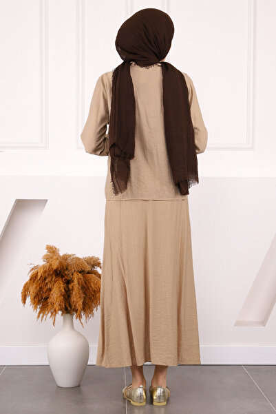 İmajButik Mink Collar Tie-Up Shirt Skirt Suit