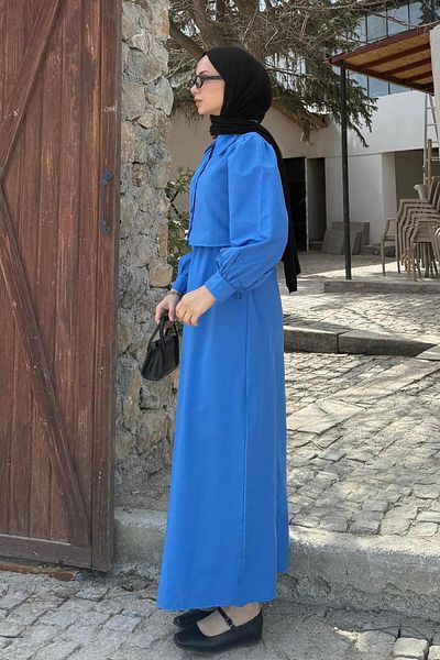 lamelif Blue Terikoton Hijab Double Set