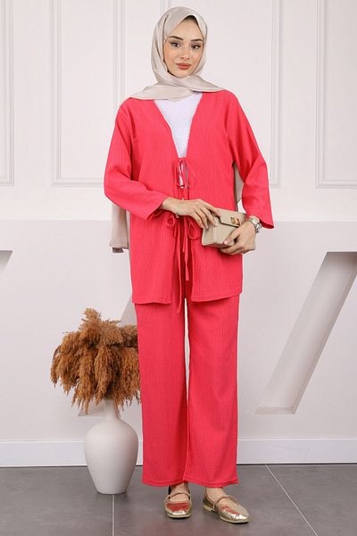 İmajButik Ροζ Μπροστινό Δεμένο Παντελόνι Κιμονό